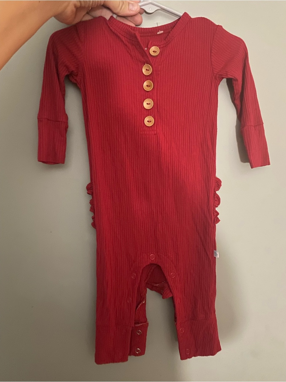 Posh Peanut Red Ribbed Button-Front Footie with Ruffle Back